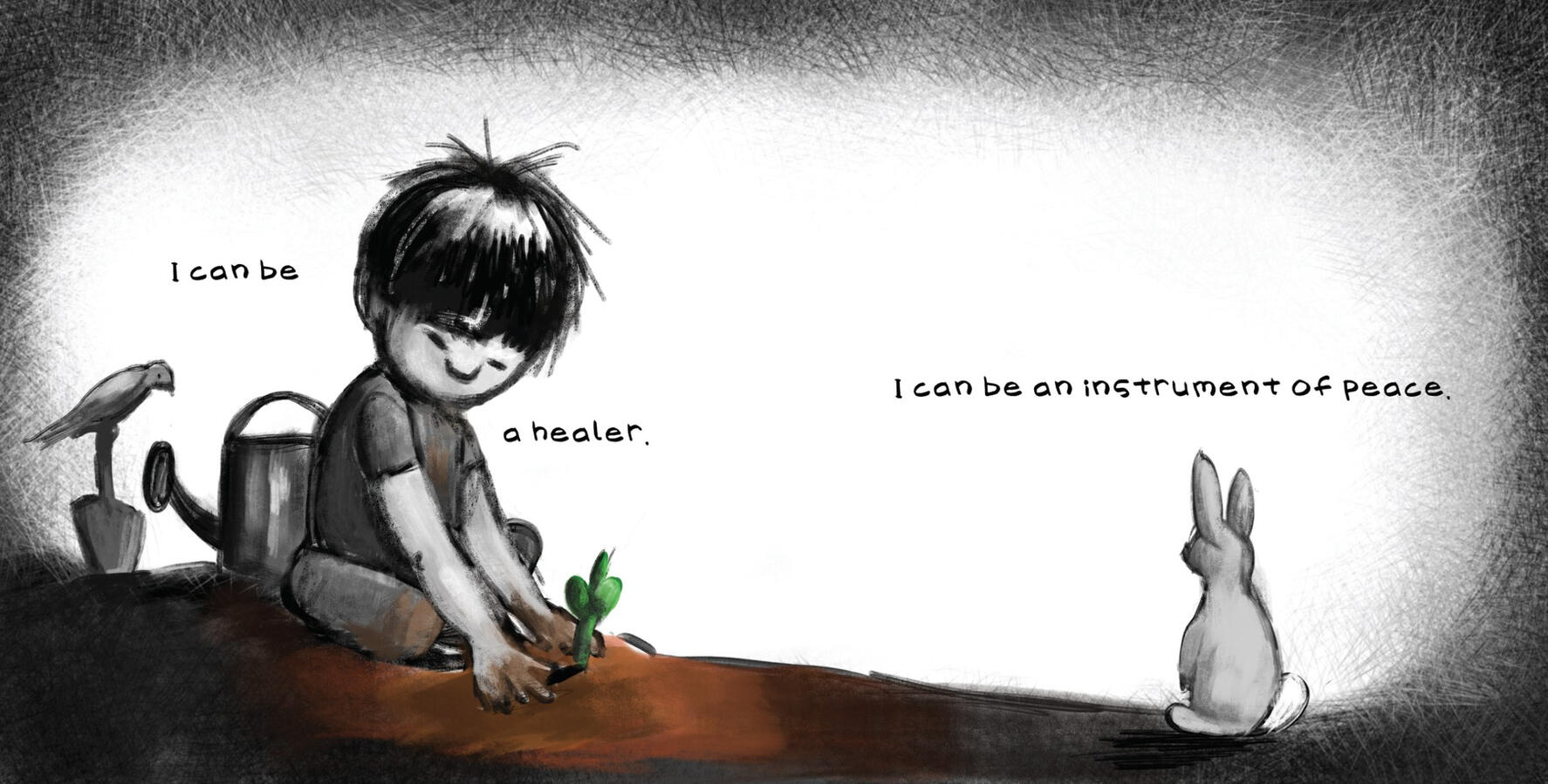 A child plants a sapling while a rabbit watches. Book text: I can be a healer. I can be an instrument of peace.